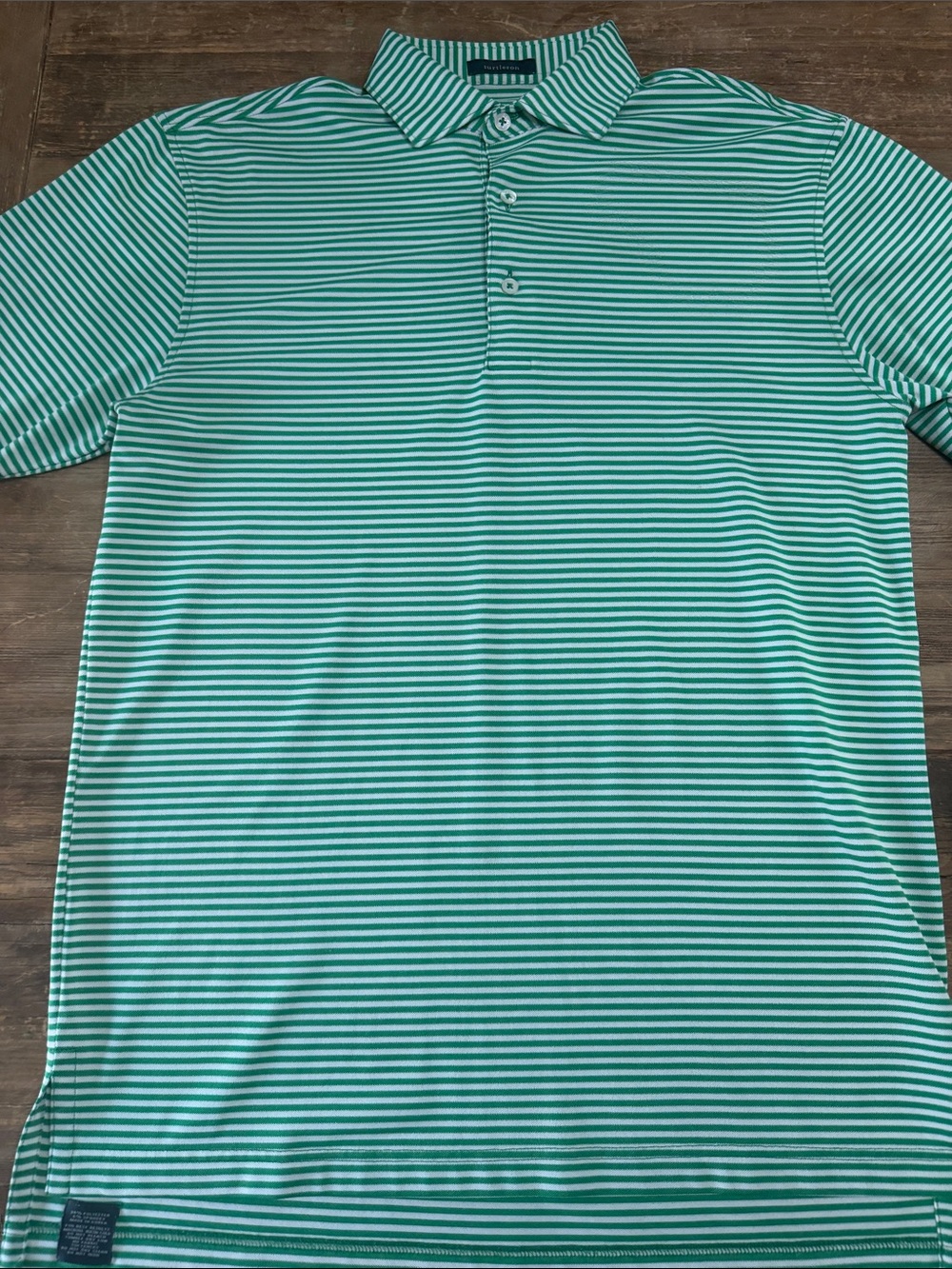 Turtleson on Men's Green and White Striped Golf Polo